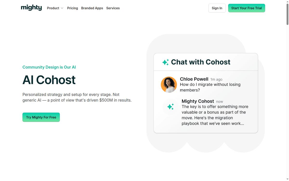 Mighty Networks AI Cohost page with the chat mock