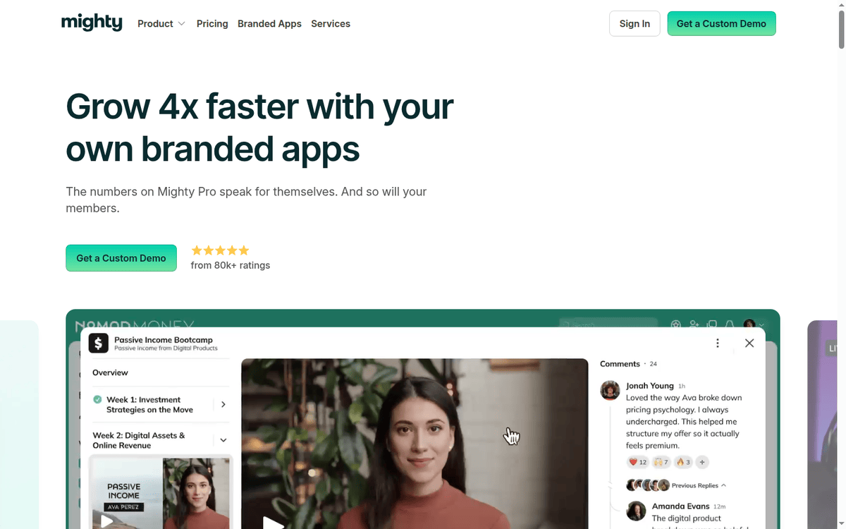 Mighty Pro page promising branded apps and community services