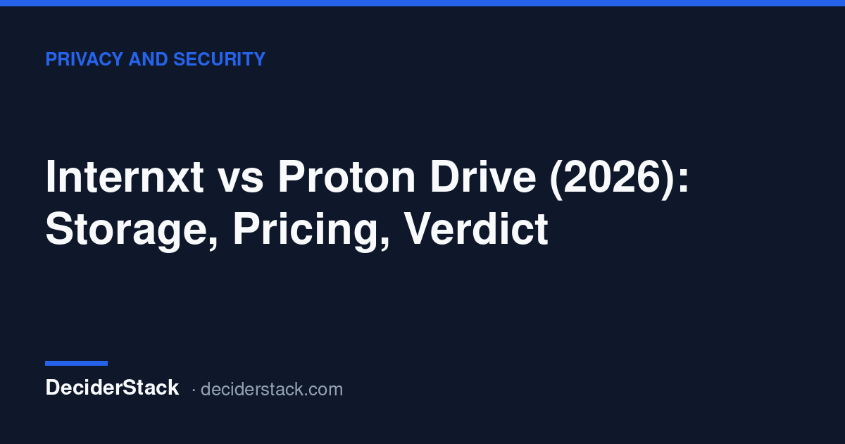 DeciderStack cover card: Internxt vs Proton Drive (2026)