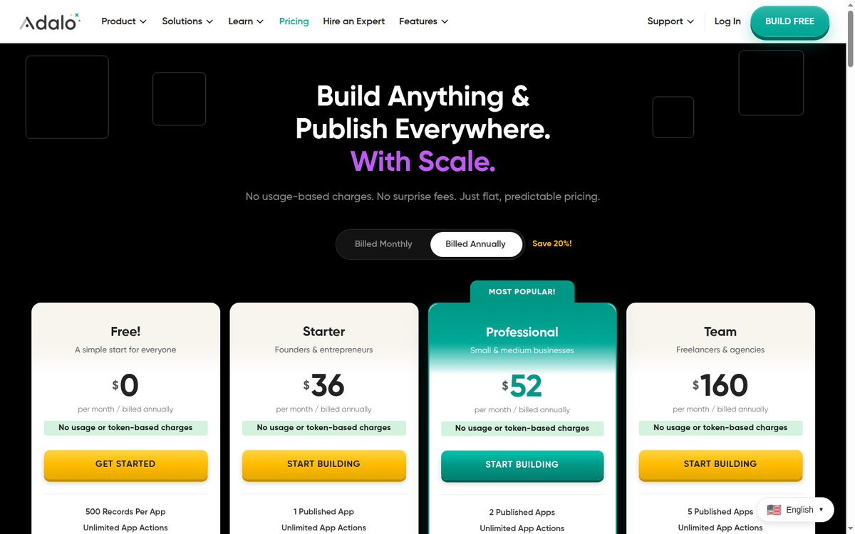 Adalo pricing page: Free, Starter, Professional and Team plans billed annually