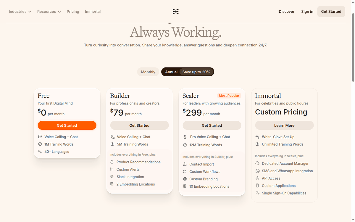 Delphi AI pricing page: Free, Builder, Scaler and Immortal plans