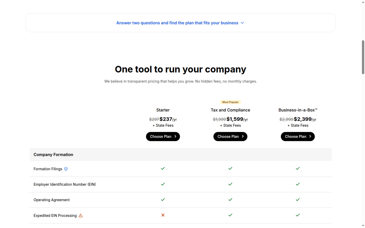 doola pricing page: Starter, Tax and Compliance, Business-in-a-Box