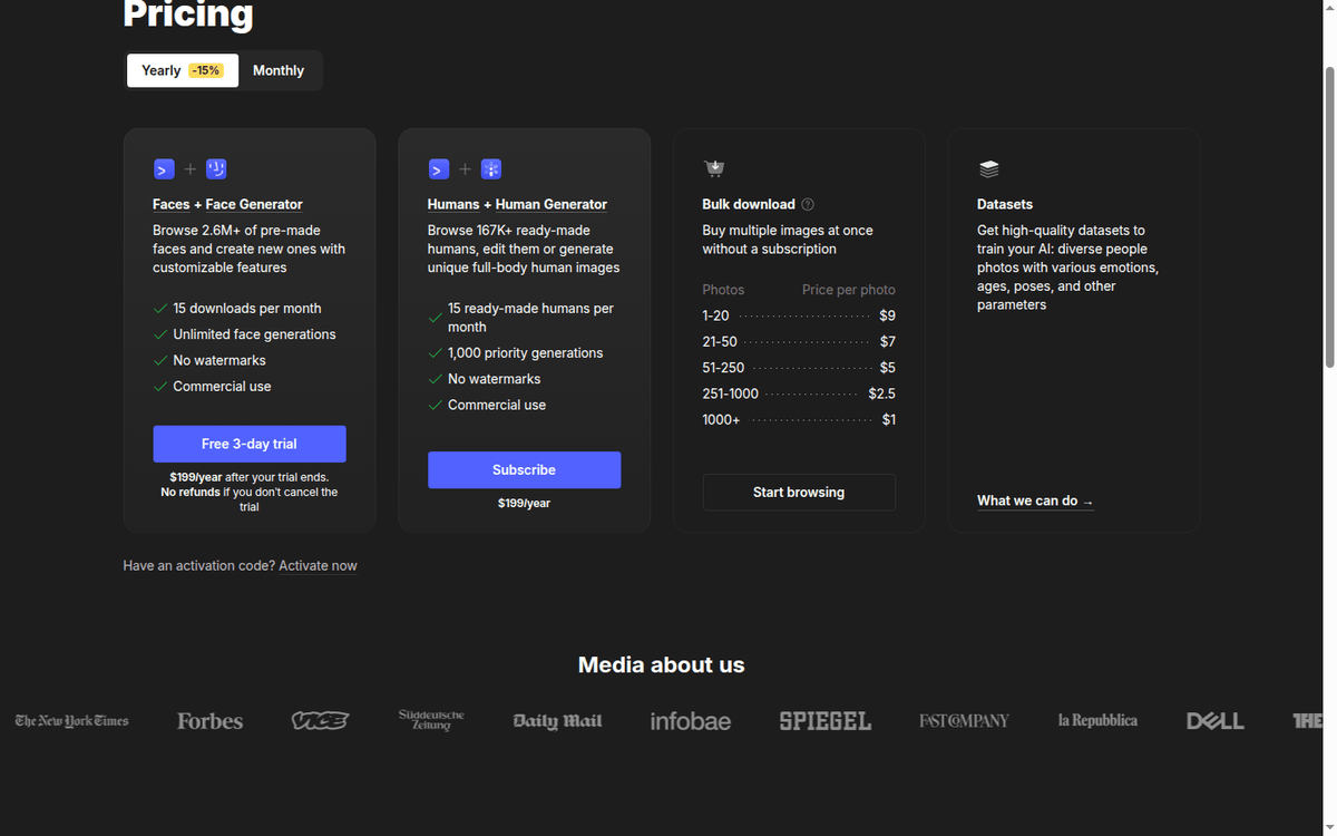 Generated Photos pricing: Faces and Humans plans plus the bulk table