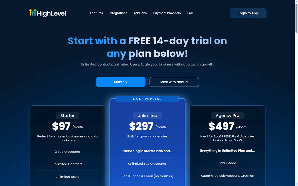 GoHighLevel pricing page: Starter, Unlimited and Agency Pro cards