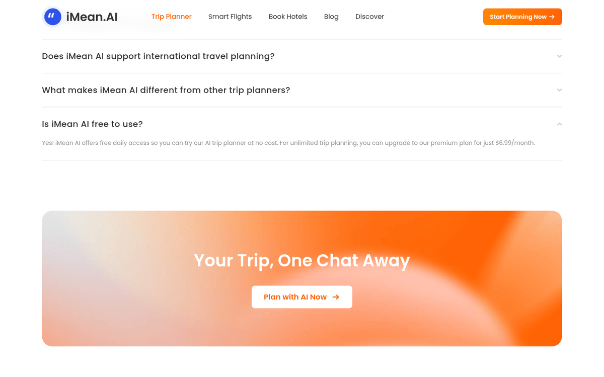 iMean AI home page: the FAQ answer with the $6.99 price