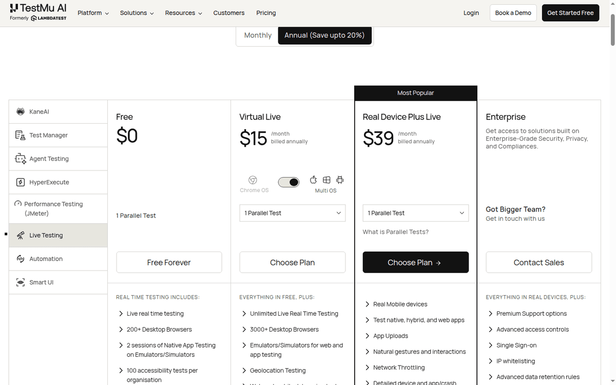 TestMu AI pricing page: Live Testing tiers and the annual toggle