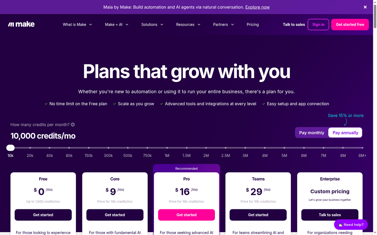 Make pricing page: Free, Core, Pro, and Teams credit plans