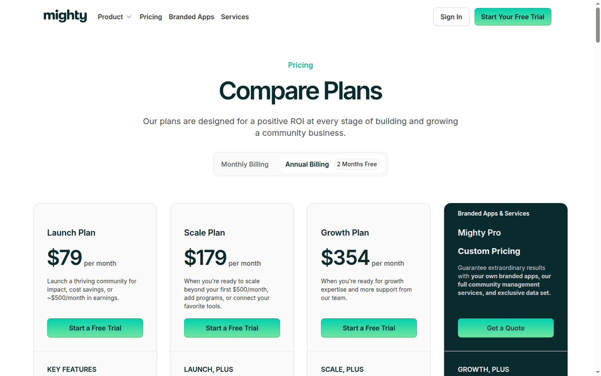 Mighty Networks pricing page: Launch, Scale and Growth plans