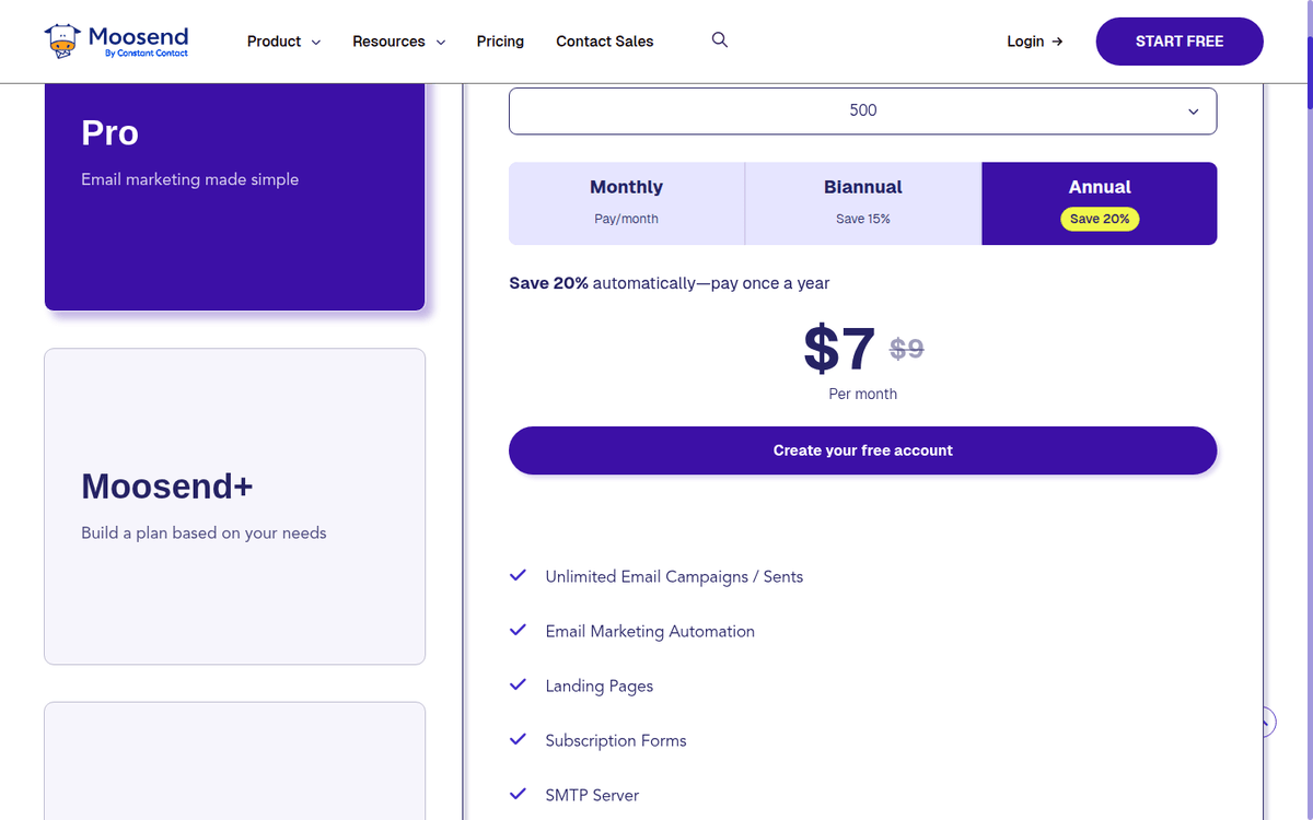Moosend pricing page: Pro plan, Moosend+ and Enterprise