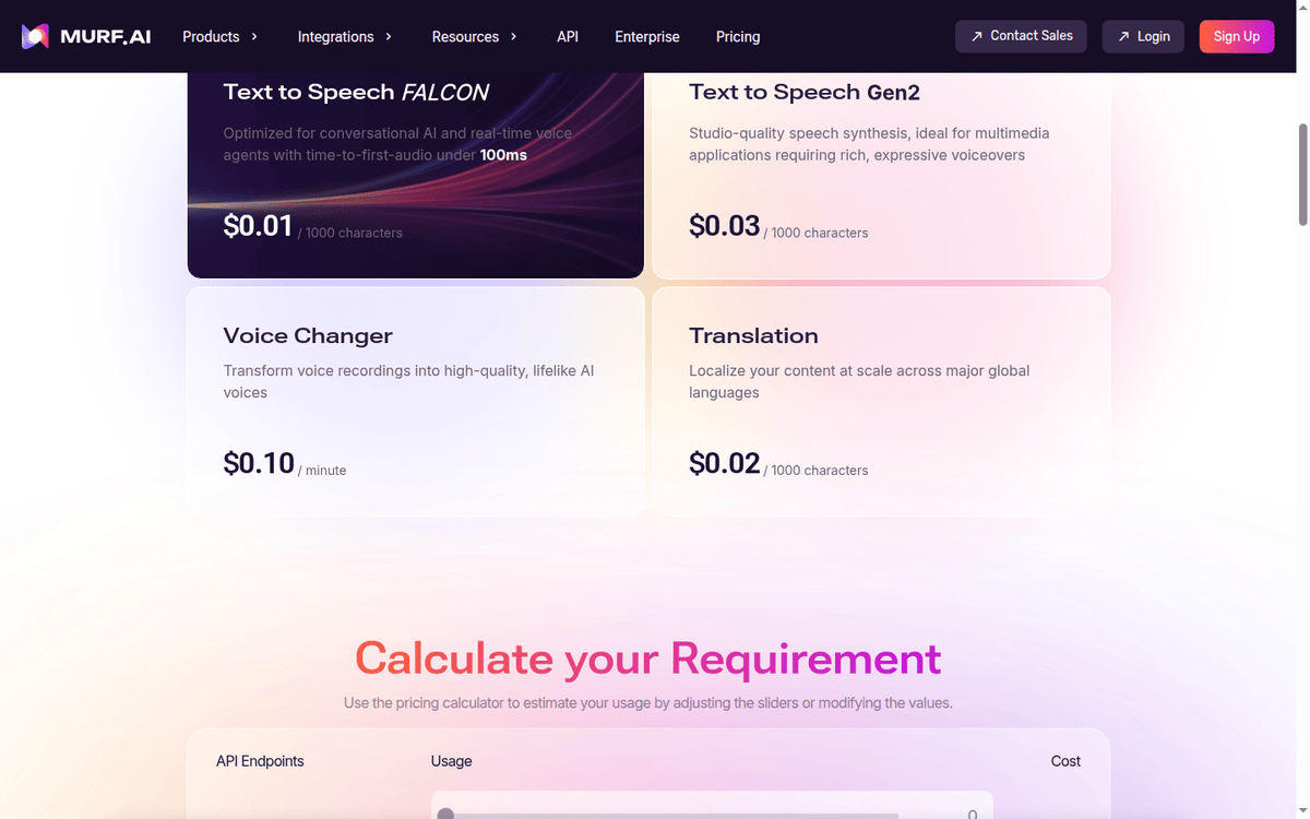 Murf API pricing: Falcon and Gen-2 per character, voice changer per minute