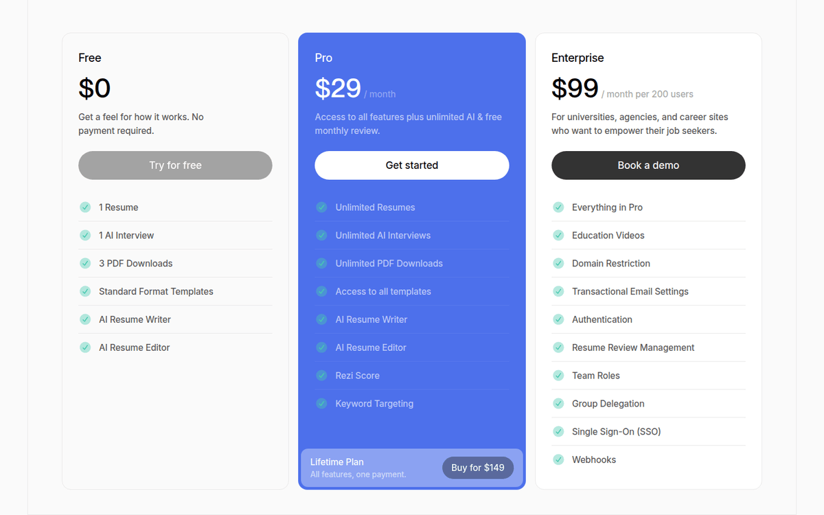 Rezi pricing page: Free, Pro, Enterprise and the Lifetime plan