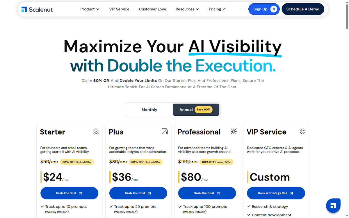 Scalenut pricing page with the 60% annual promo applied