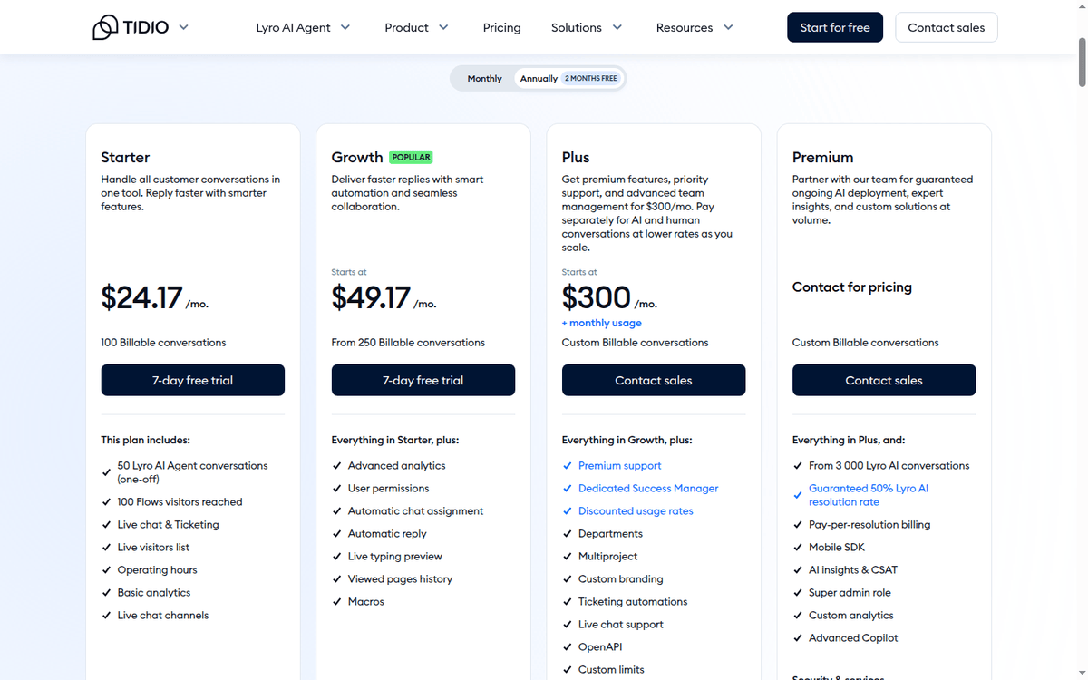 Tidio pricing page: Starter, Growth and Plus conversation tiers