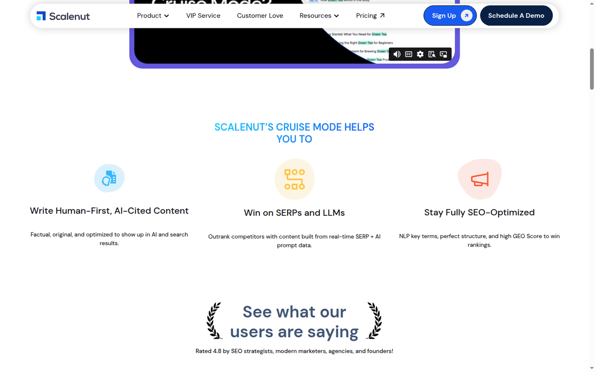 Scalenut Cruise Mode page listing its three content benefits