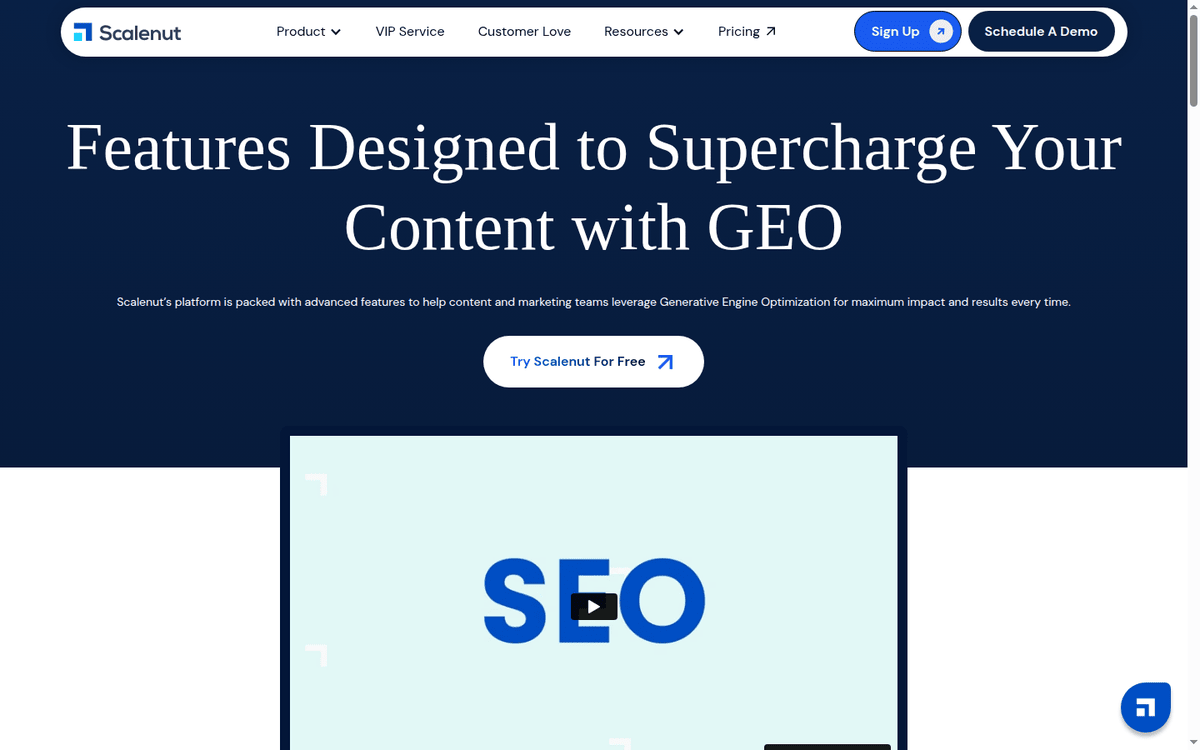 Scalenut features page leading with GEO content features