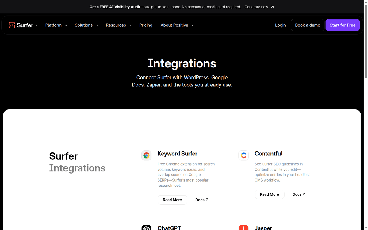 Surfer SEO integrations page with WordPress, Google Docs and Zapier cards