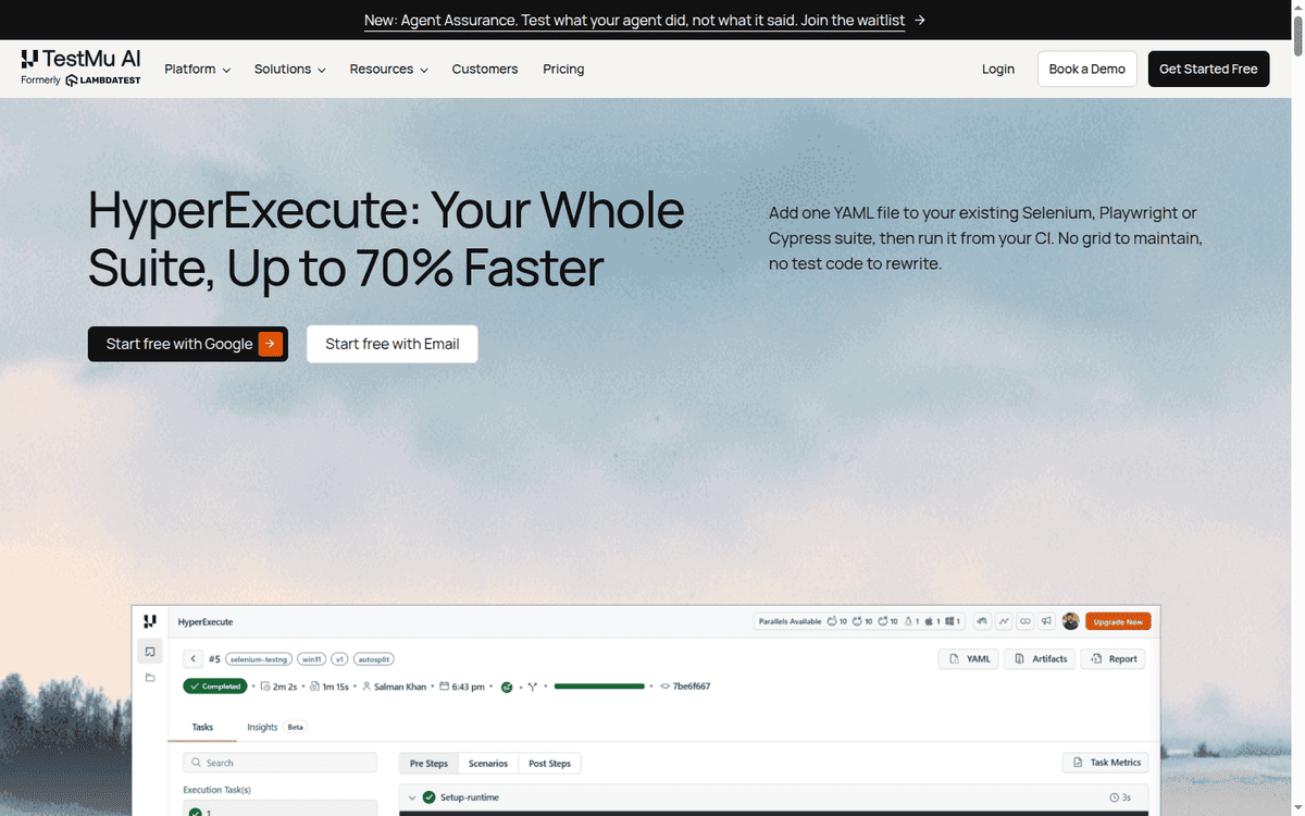 TestMu AI HyperExecute page with a finished cloud test run