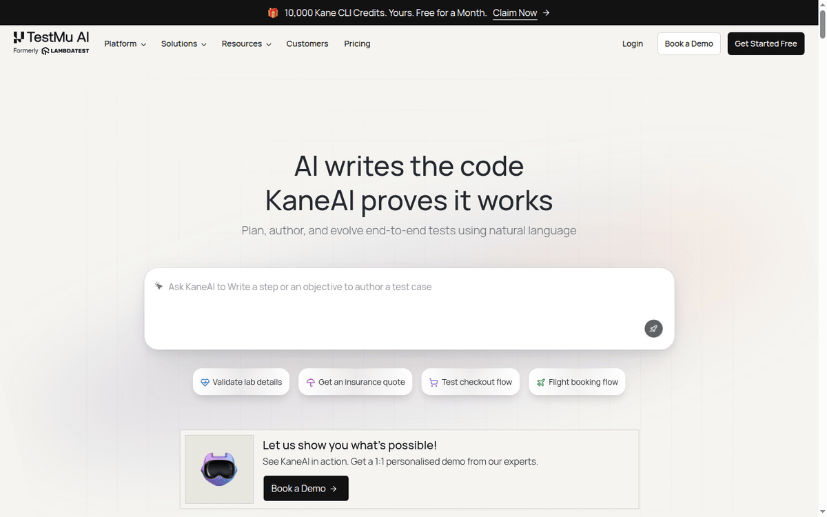 TestMu AI KaneAI page with the natural-language authoring box