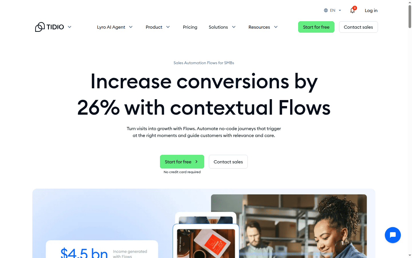 Tidio Flows page with the 26 percent conversion claim