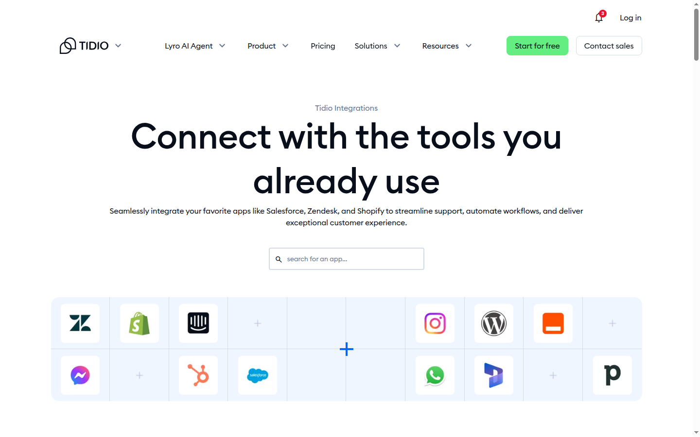 Tidio integrations grid with Salesforce, Zendesk and Shopify