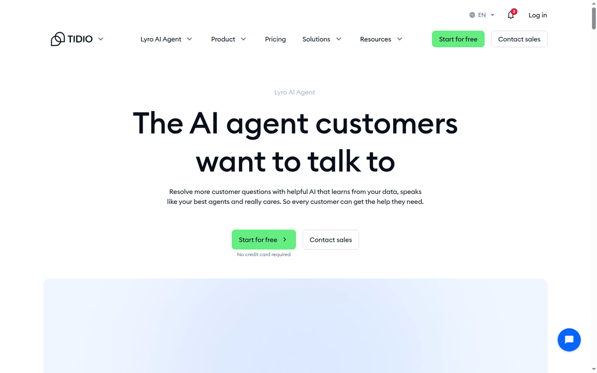 Tidio Lyro AI agent page with the free trial button