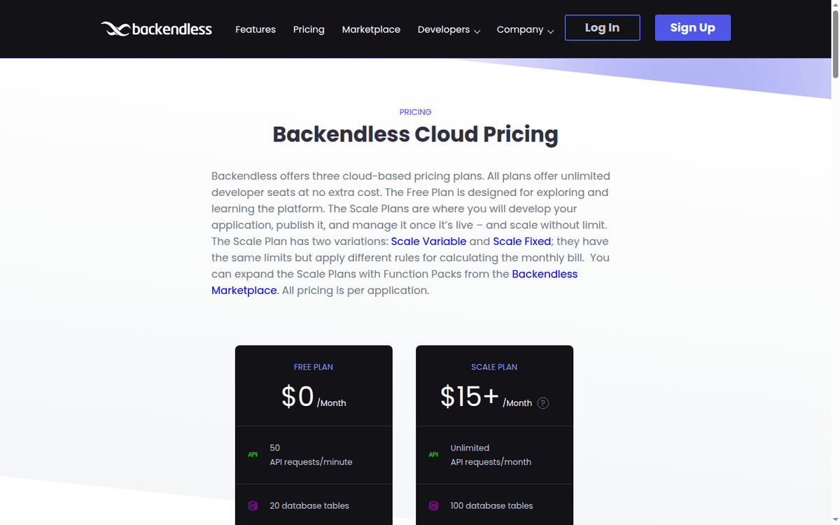 Backendless Cloud pricing: the Free and Scale plan cards
