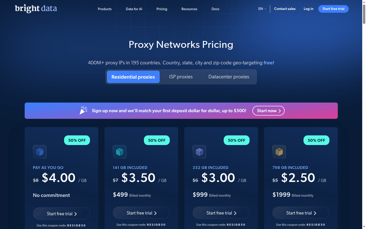 Bright Data residential pricing: the pay-as-you-go card and three monthly tiers