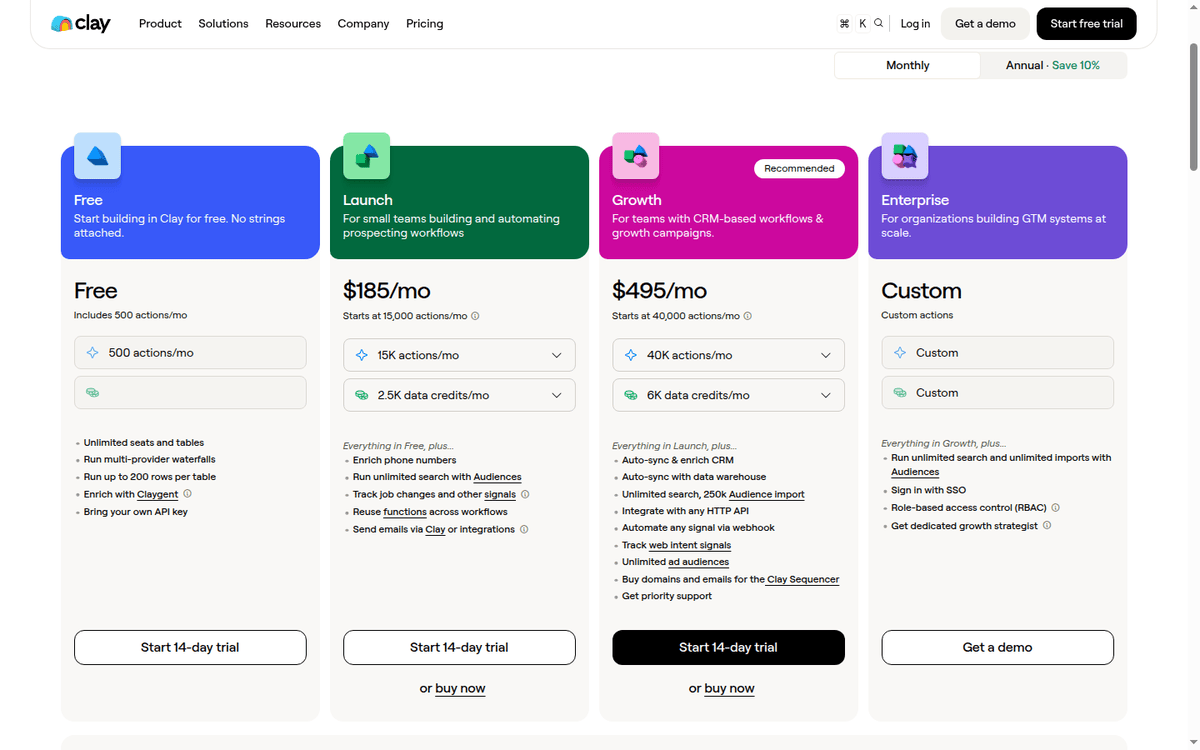 Clay pricing page: the Launch and Growth plan cards on monthly billing