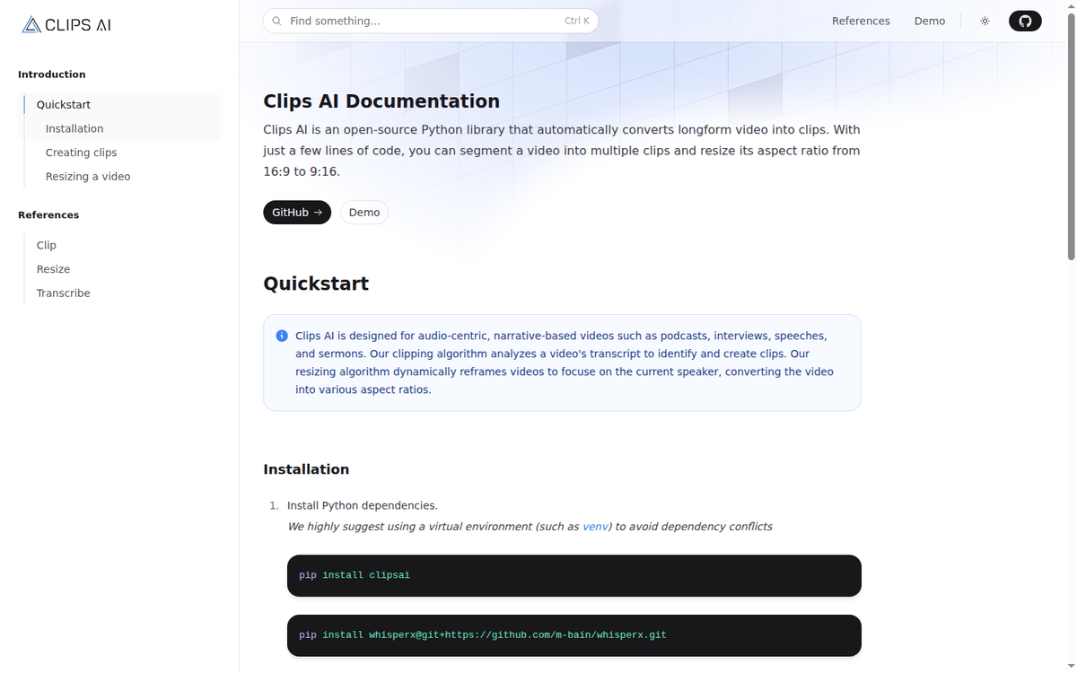 Clips AI documentation page: open-source Python library install steps
