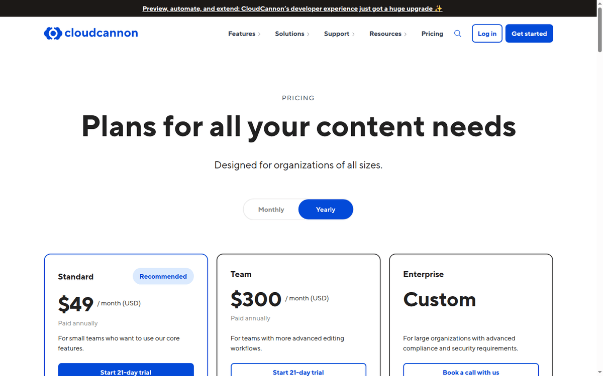 CloudCannon pricing page: Standard, Team and Enterprise cards