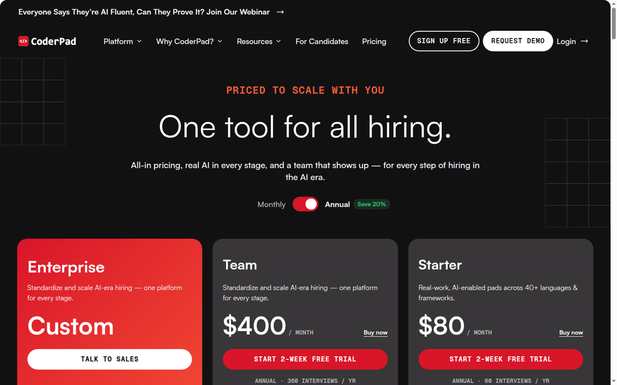 CoderPad pricing page: Starter and Team plans with annual billing
