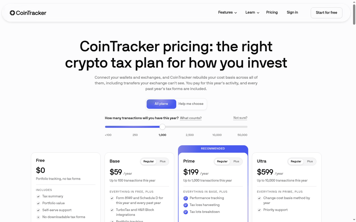 CoinTracker pricing page: Free, Base, Prime and Ultra annual plans