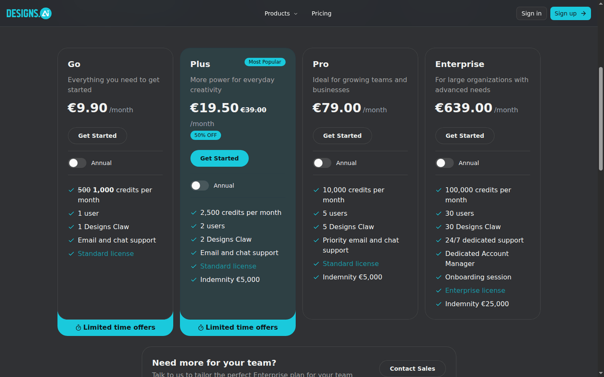 Designs.ai pricing table with Basic, Plus, Pro and Enterprise tiers