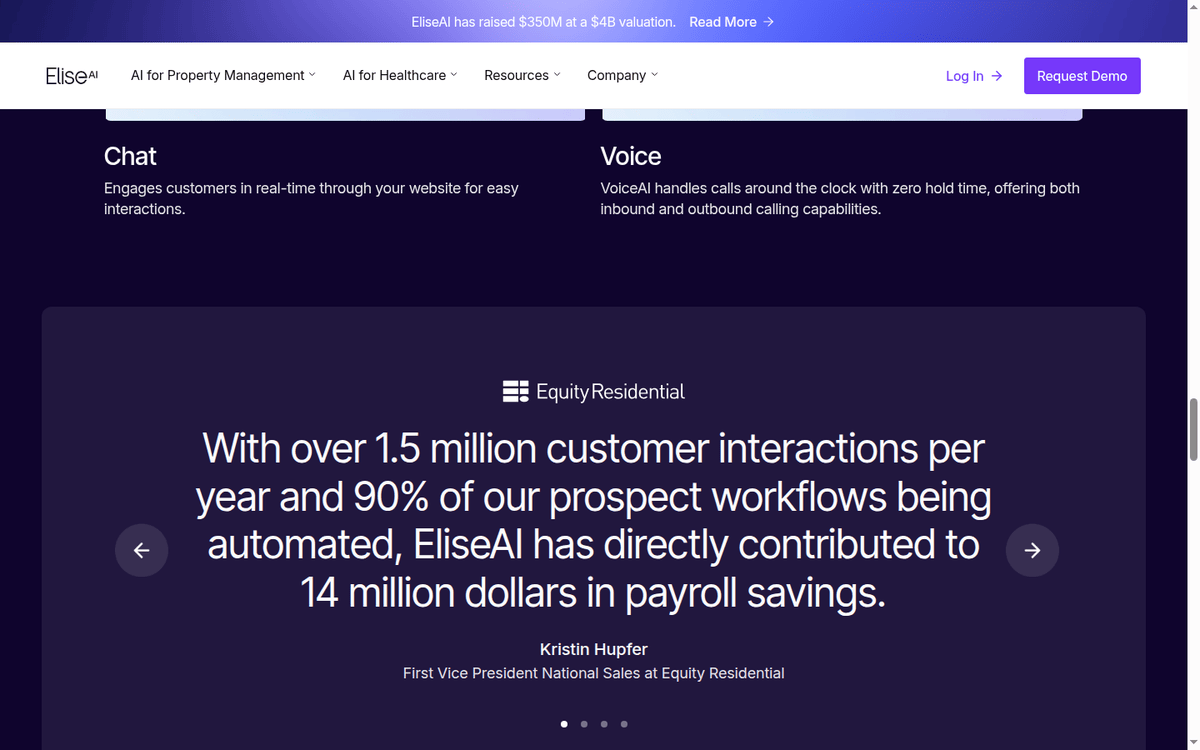 EliseAI home page: customer review quoting 1.5 million interactions
