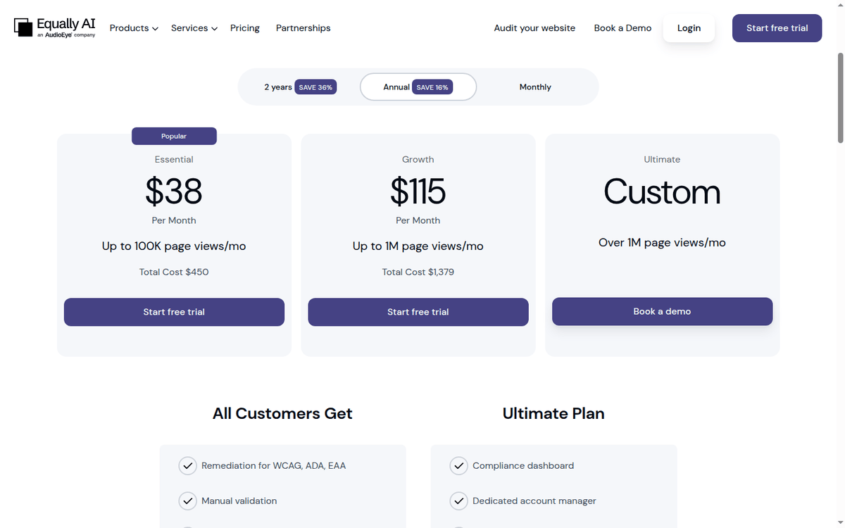 Equally AI pricing cards for Essential, Growth and Ultimate plans