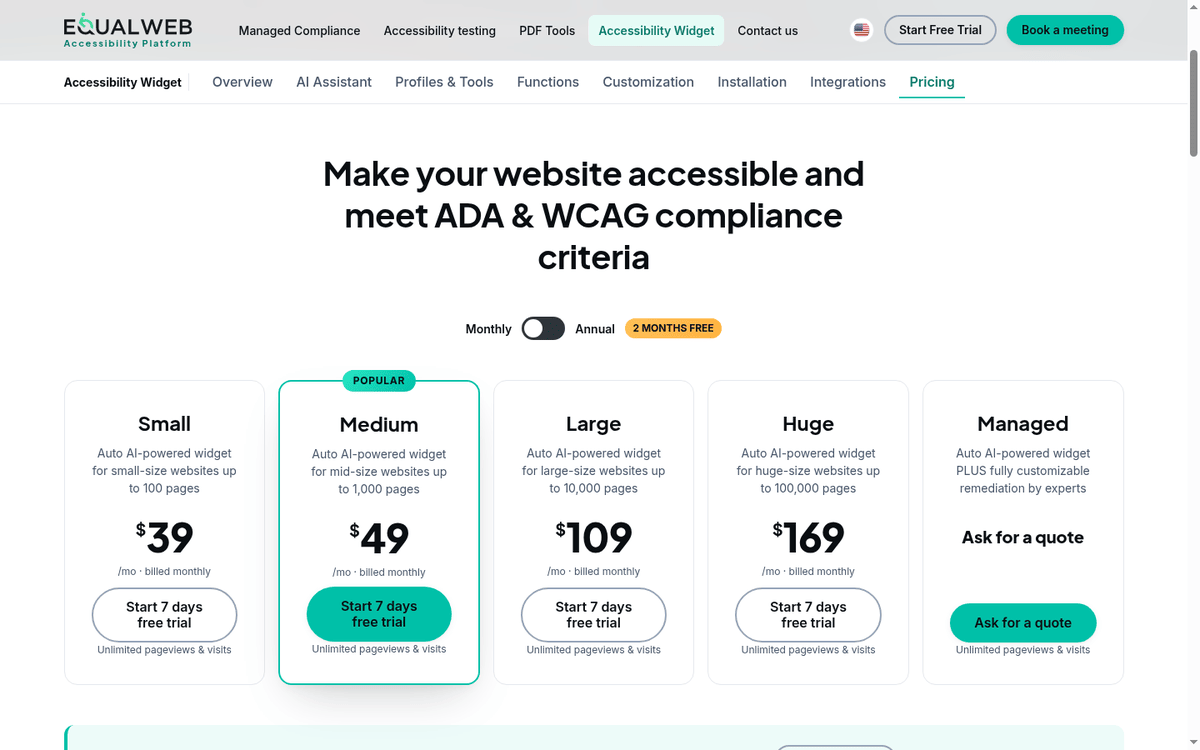 EqualWeb widget pricing page with Small, Medium, Large and Huge page tiers