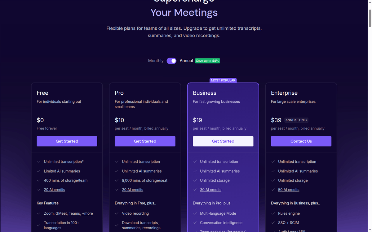 Fireflies.ai pricing page: Free, Pro, Business and Enterprise plan cards