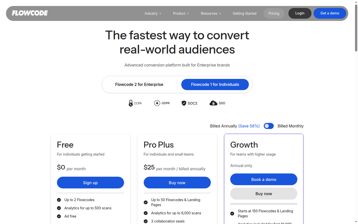 Flowcode pricing: the Free, Pro Plus and Growth cards on annual billing