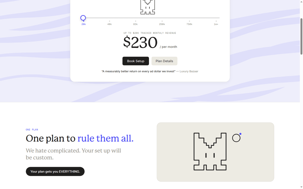 Hyros pricing page: the $230 monthly card and the band selector