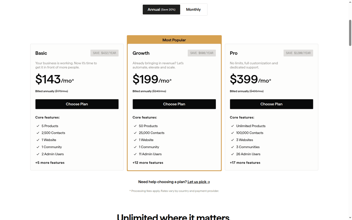 Kajabi pricing page: Basic, Growth and Pro plans billed annually