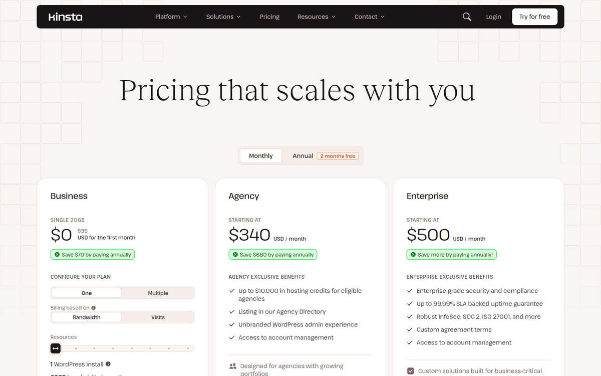 Kinsta pricing page: the Business card, the Agency and Enterprise lines