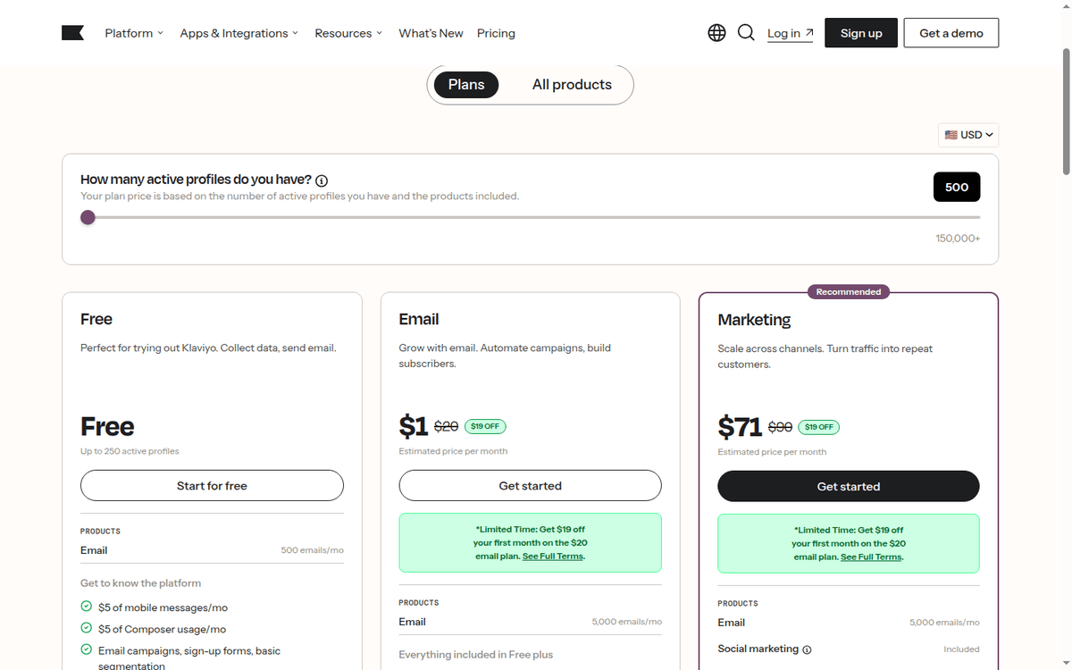 Klaviyo pricing page listing the free and paid email tiers