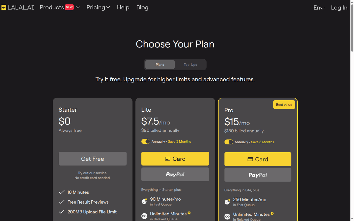 LALAL.AI pricing page: Starter, Lite, Pro and top-up packs