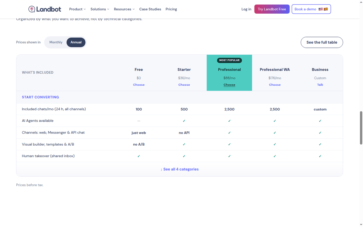 Landbot pricing page: Free, Starter, Professional and Business plans