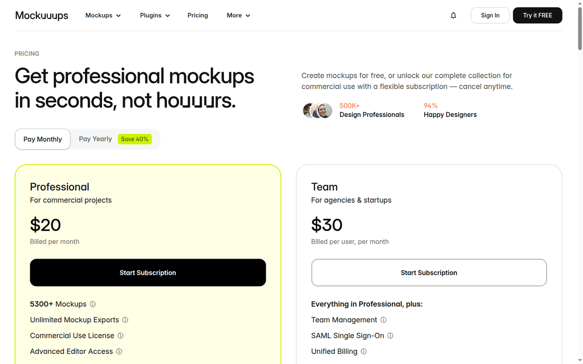 Mockuuups Studio pricing: Professional and Team with the yearly switch