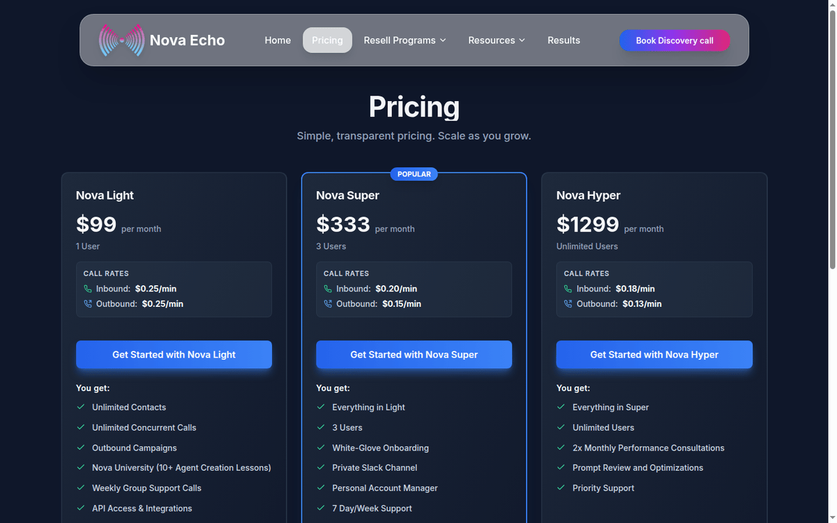Nova Echo pricing page: Light, Super and Hyper plans with per-minute rates