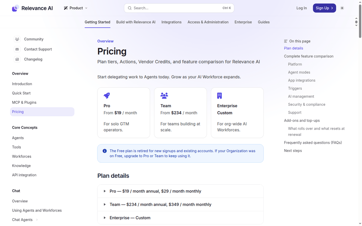 Relevance AI pricing docs: Pro and Team plan cards