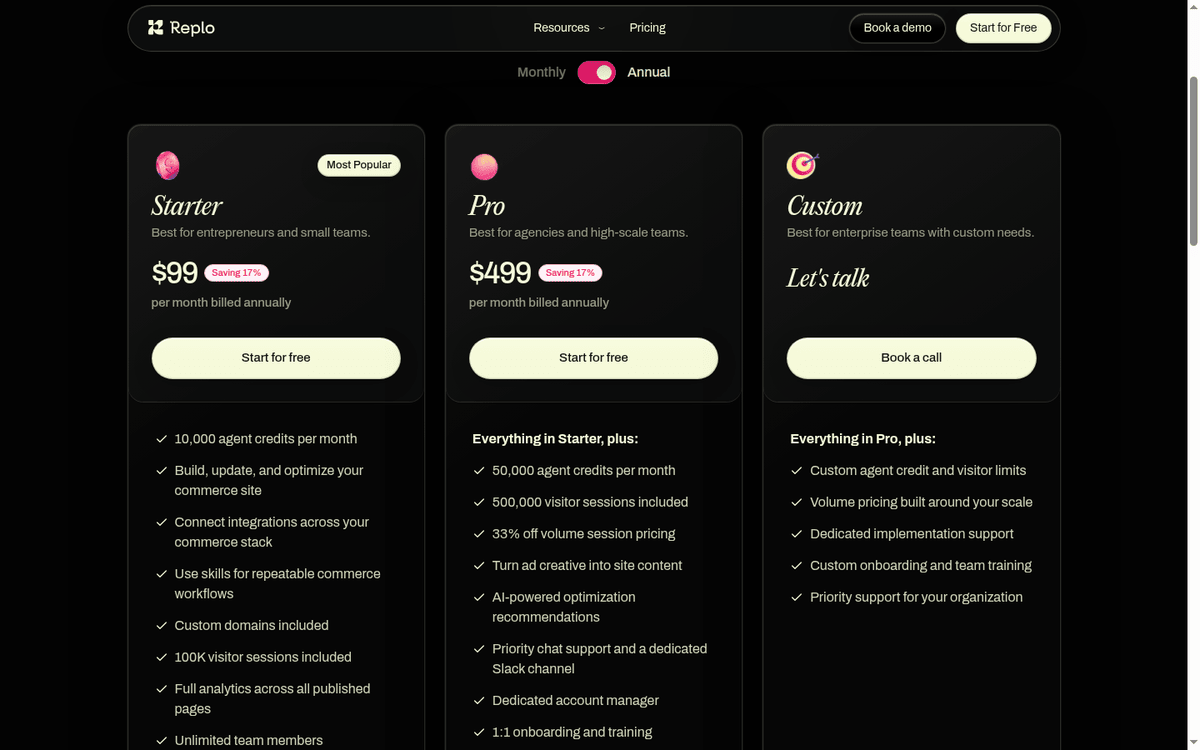 Replo pricing page: Starter and Pro annual plans