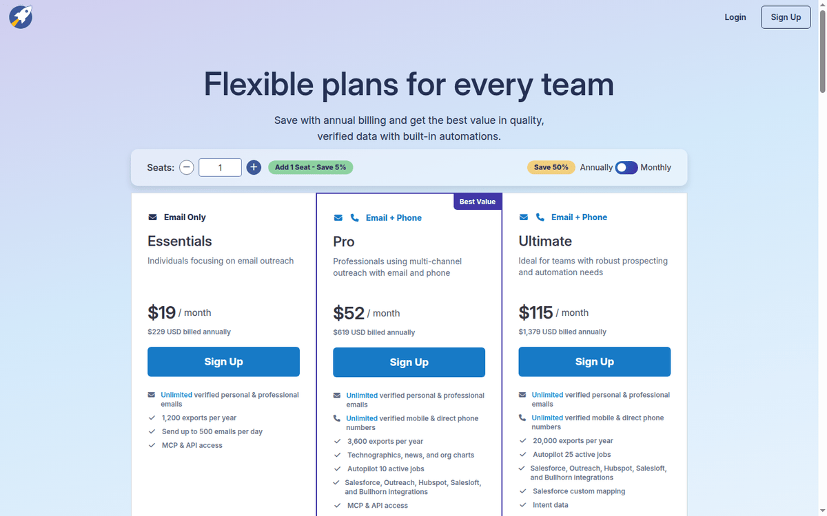 RocketReach pricing page: the Essentials, Pro and Ultimate plan cards