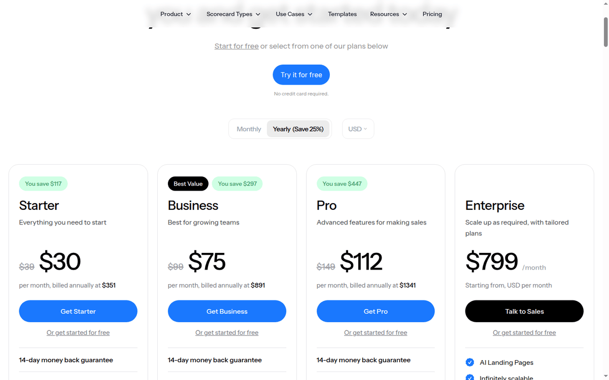 ScoreApp pricing page: the four plan cards and the yearly toggle